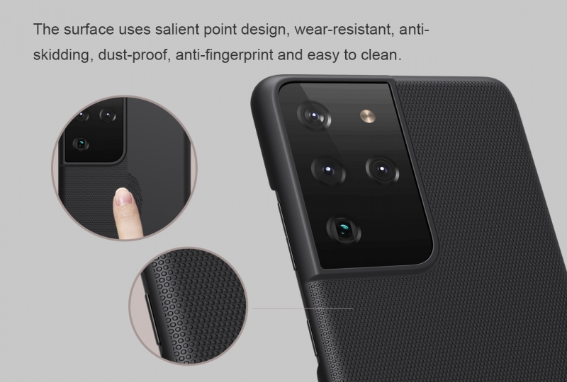 Ốp Lưng Samsung Galaxy S21 Ultra Hiệu Nillkin Dạng Sần có bề mặt được sử dụng vật liệu PC không ảnh hưởng môi trường, có tính năng chống mài mòn, chống trượt, chống bụi, chống vân tay và dễ dàng vệ sinh